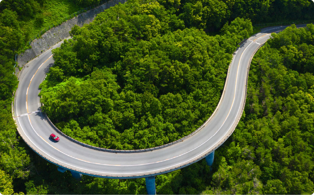 自然の中に設けられた曲線のループ橋のイメージ。