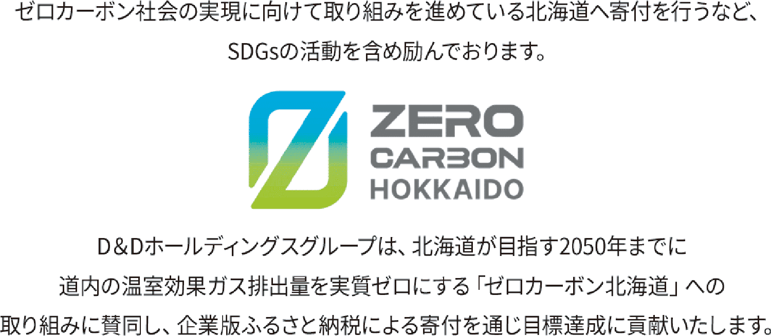 ゼロカーポン社会の実現に向けて取り組みを進めている北海道へ寄付を行うなど、SDGSの活動を含め励んでおります。D&Dホールディングスグルーブは、北海道が目指す2050年までに道内の温室効果ガス排出量を実質ゼロにする「ゼロカーボン北海道」への取り組みに賛同し、企業版ふるさと納税による寄付を通じ目標達成に貢献いたします。